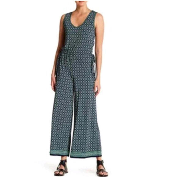 Max Studio Pants - Max Studio GEO Pattern Size L Navy Green Wide Leg Jumpsuit NWT $118 #C